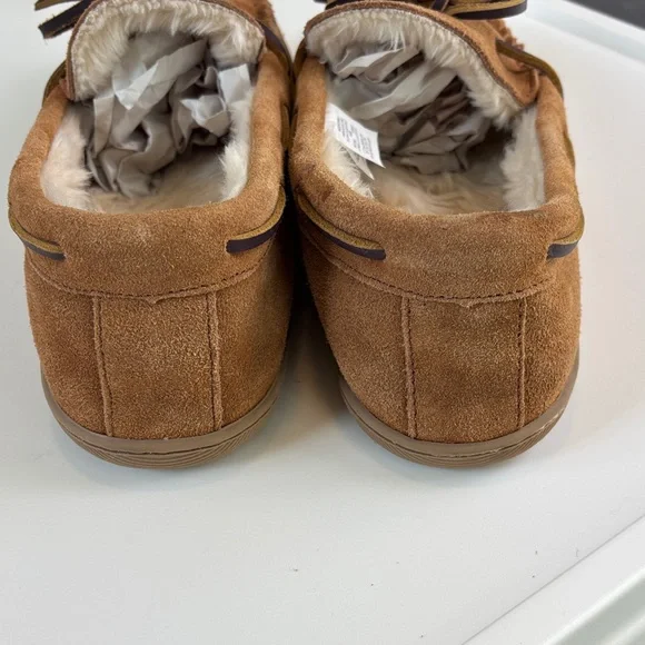 J.Crew Tan Leather Slippers Moccasin Faux Fur Lined Size 10 Men  Cozy - Picture 5 of 7